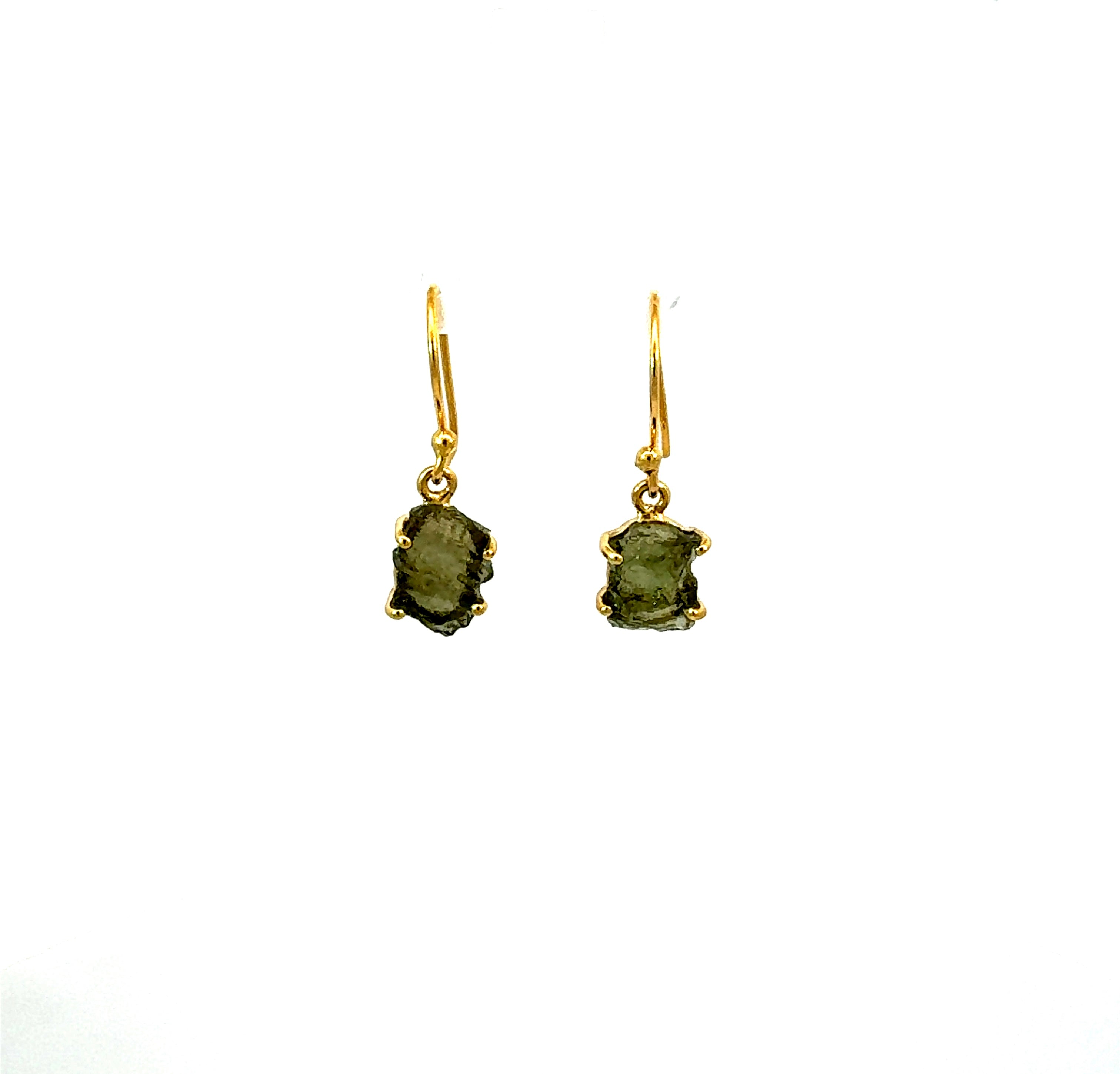Raw Moldavite Dangle Earrings in Vermeil