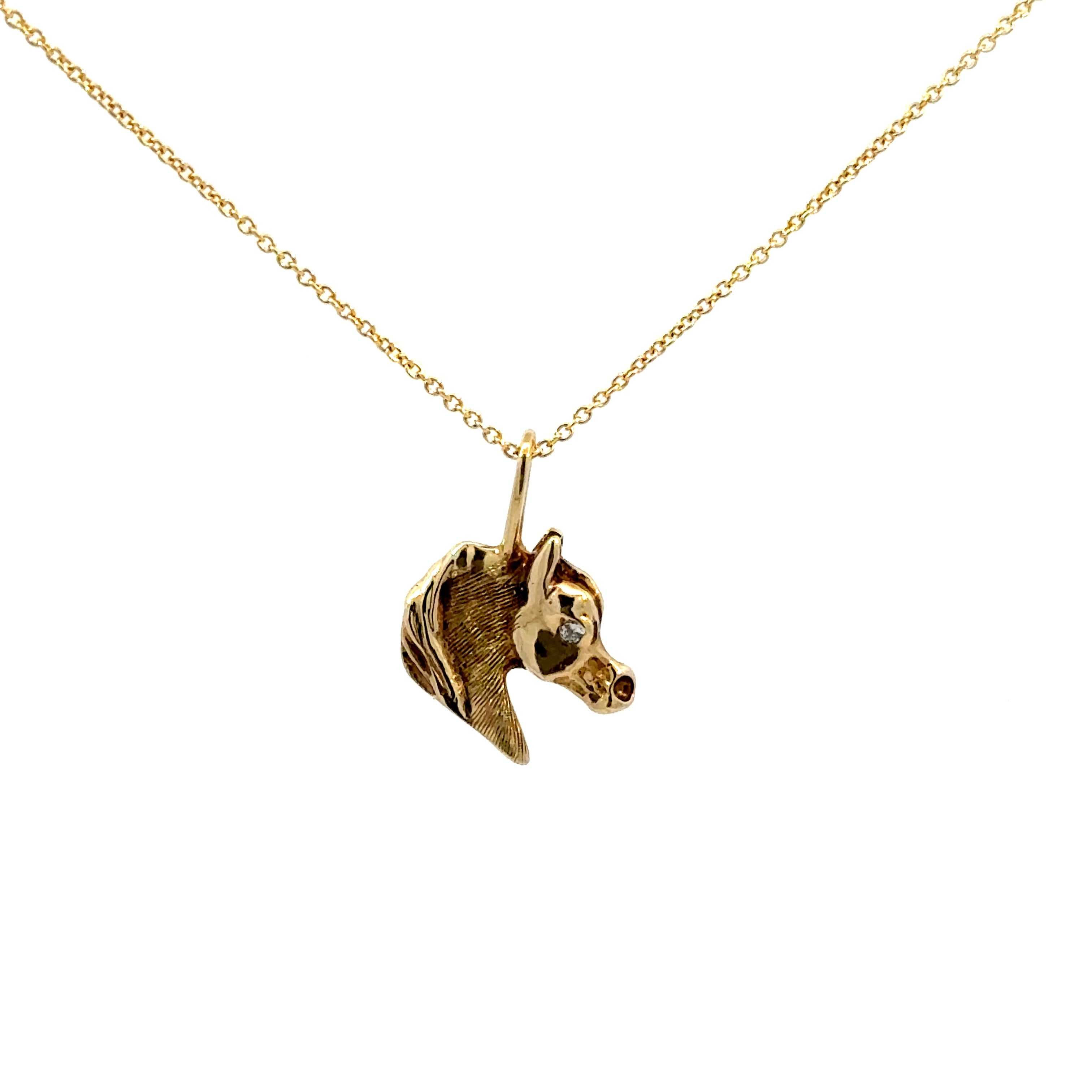 Vintage Horse Head Necklace with Diamond in 14K Yellow Gold
