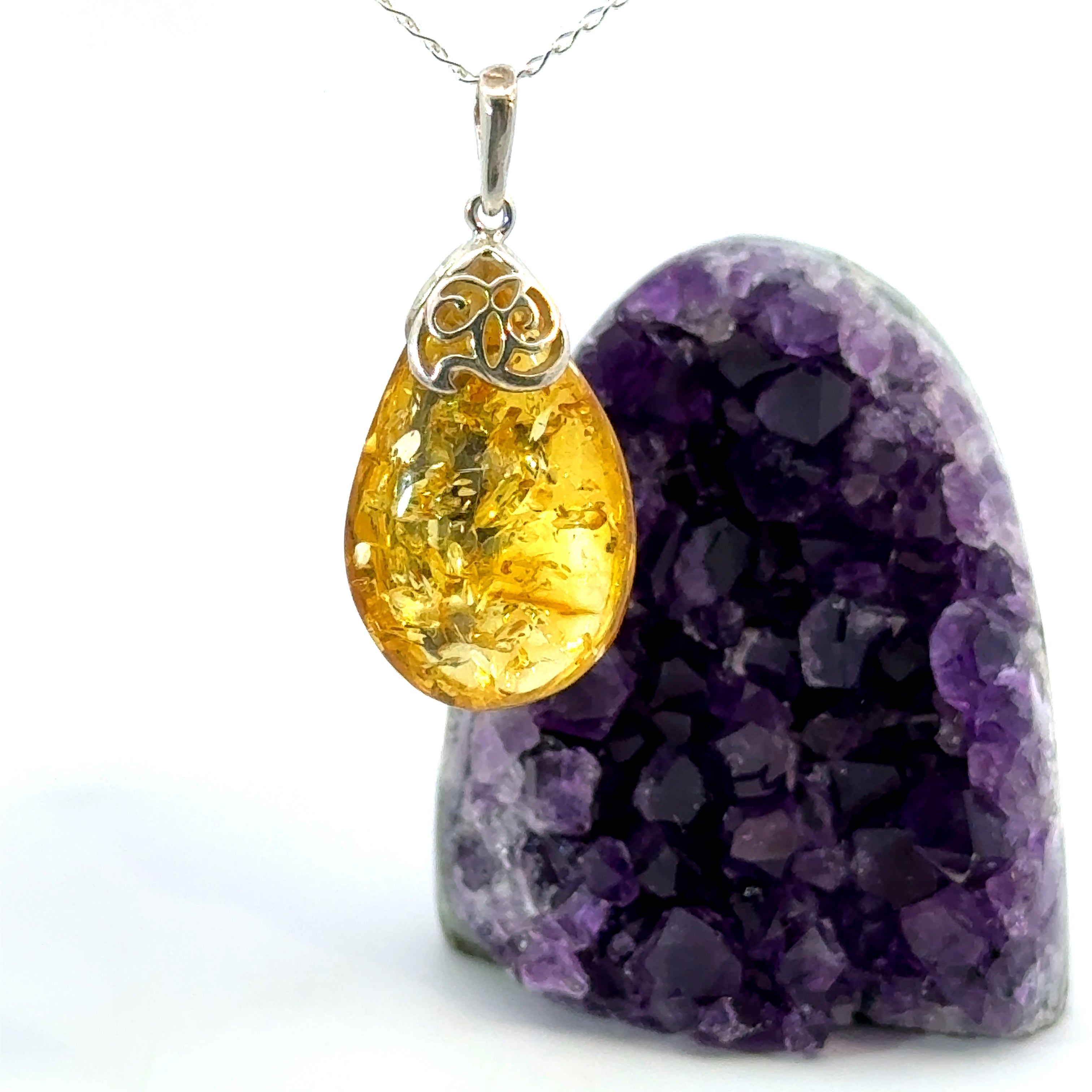 Pear Cut Amber Necklace in Sterling Silver