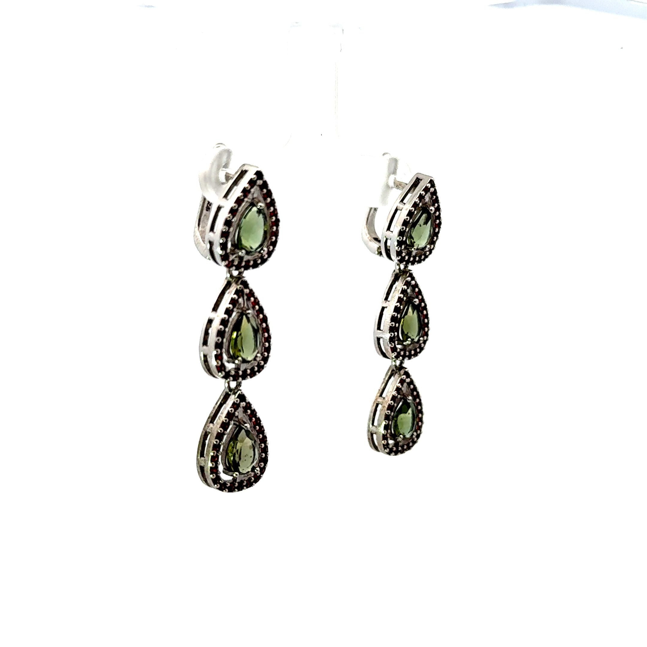 Pear Cut Moldavite and Round Cut Garnet Dangle Earrings in Sterling Silver