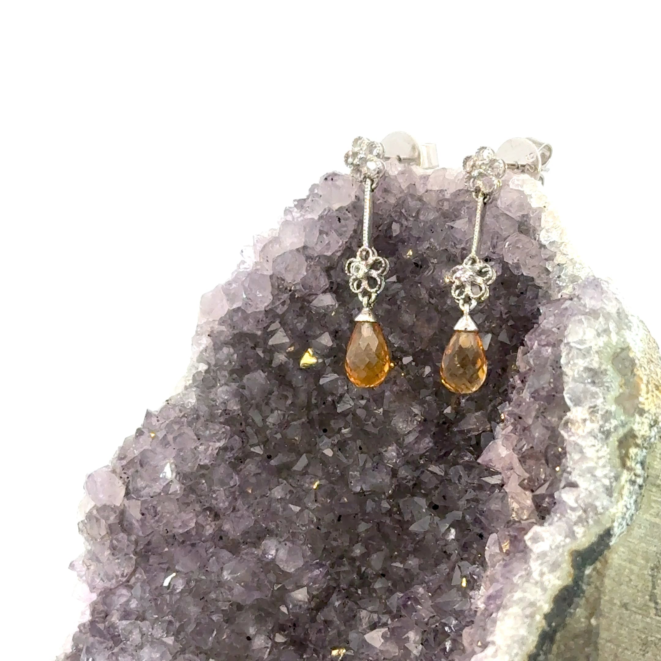 Citrine and Diamond Dangle Earrings in Sterling