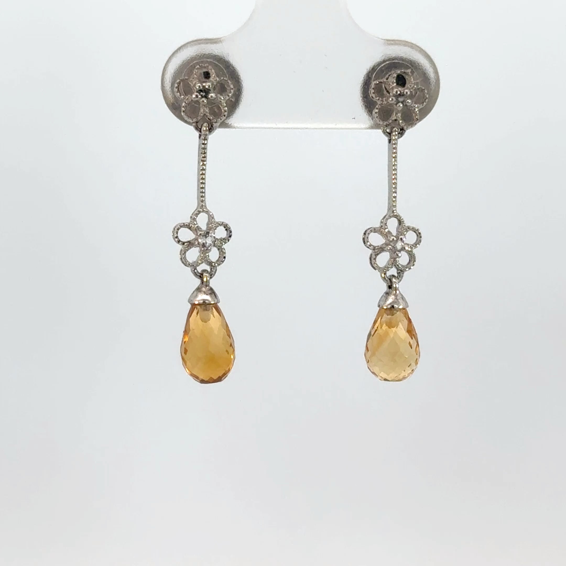 Citrine and Diamond Dangle Earrings in Sterling