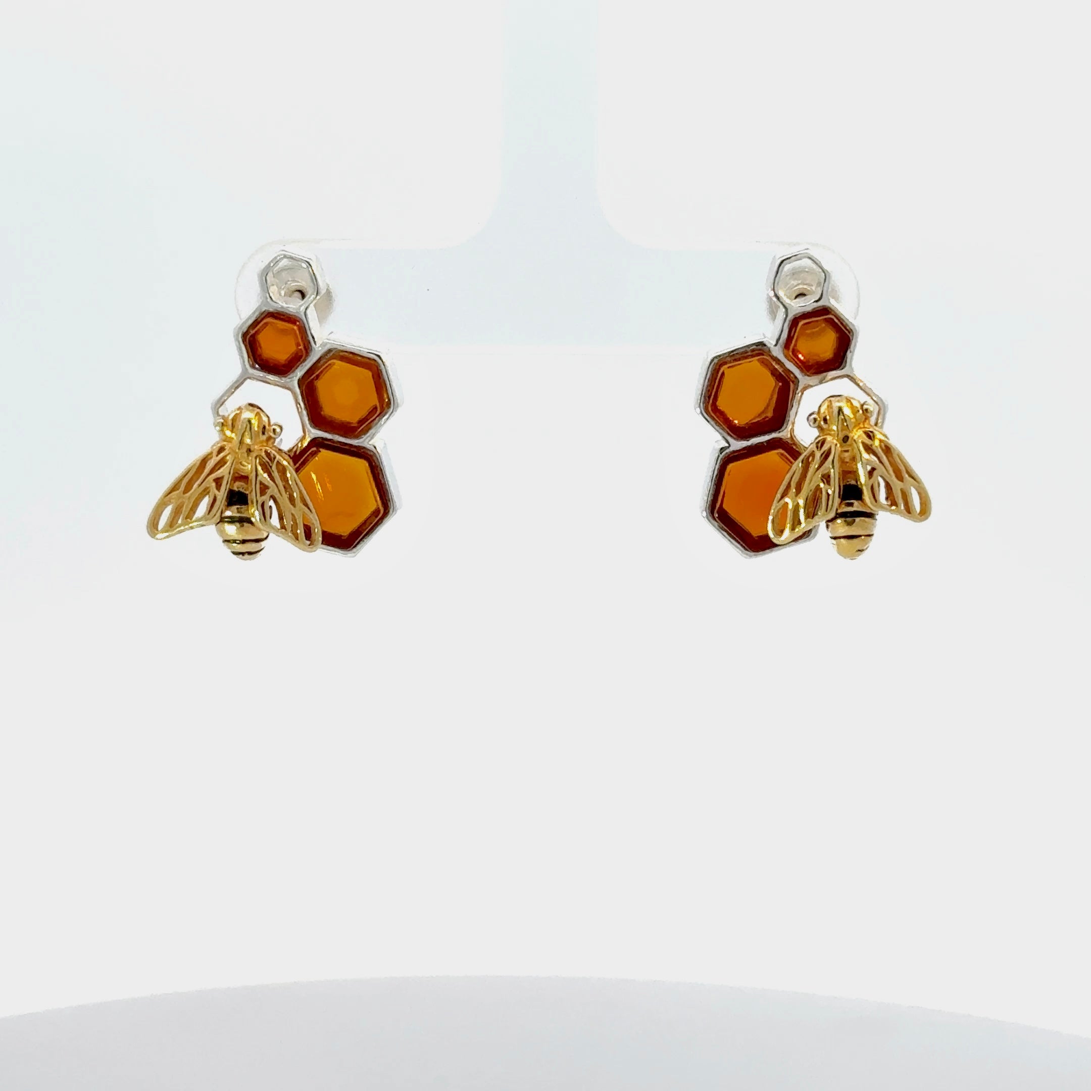 Vermeil Bees and Amber Stud Earrings in Sterling Silver