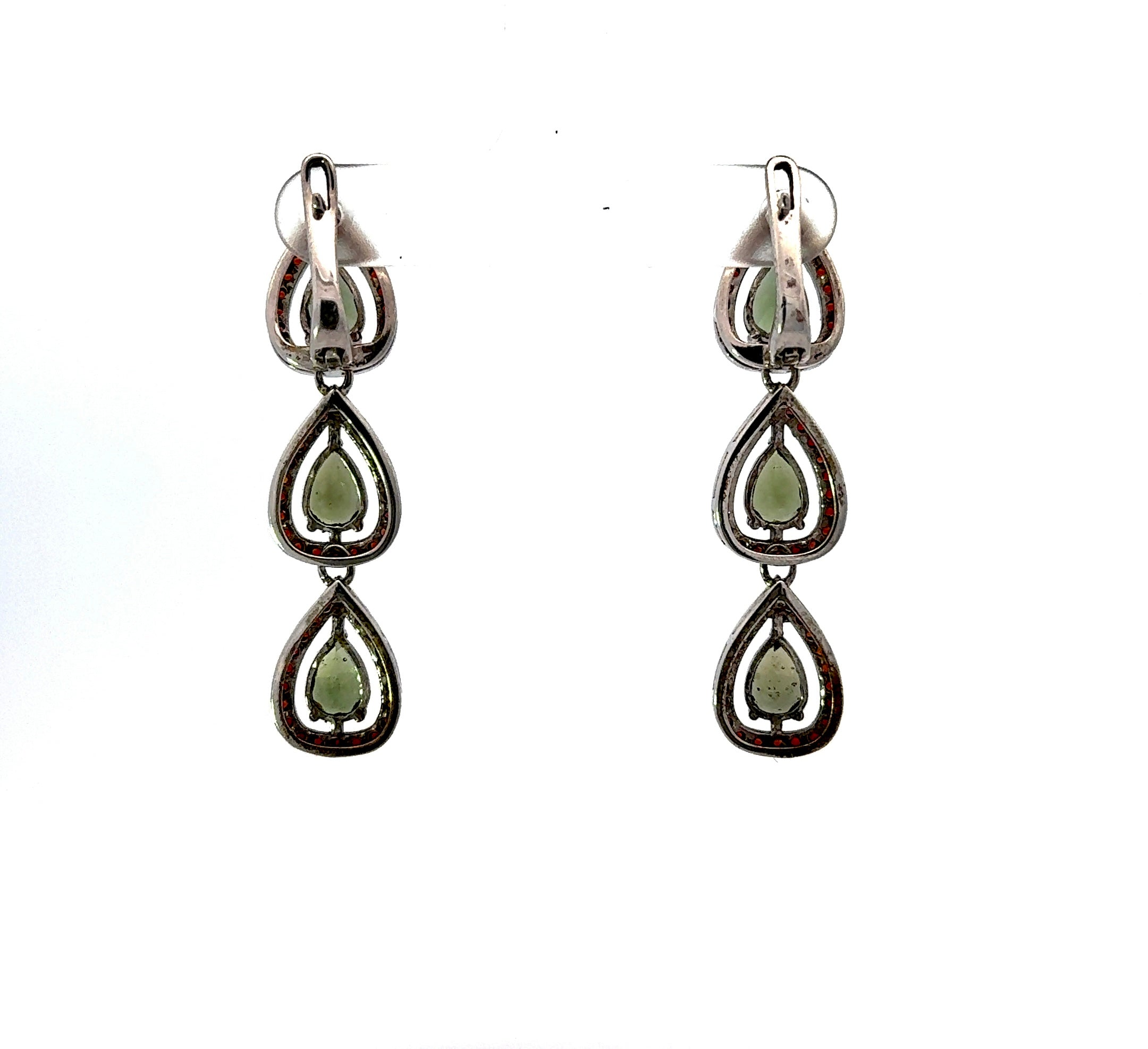 Moldavite & Garnet Dangle Earrings in Sterling Silver
