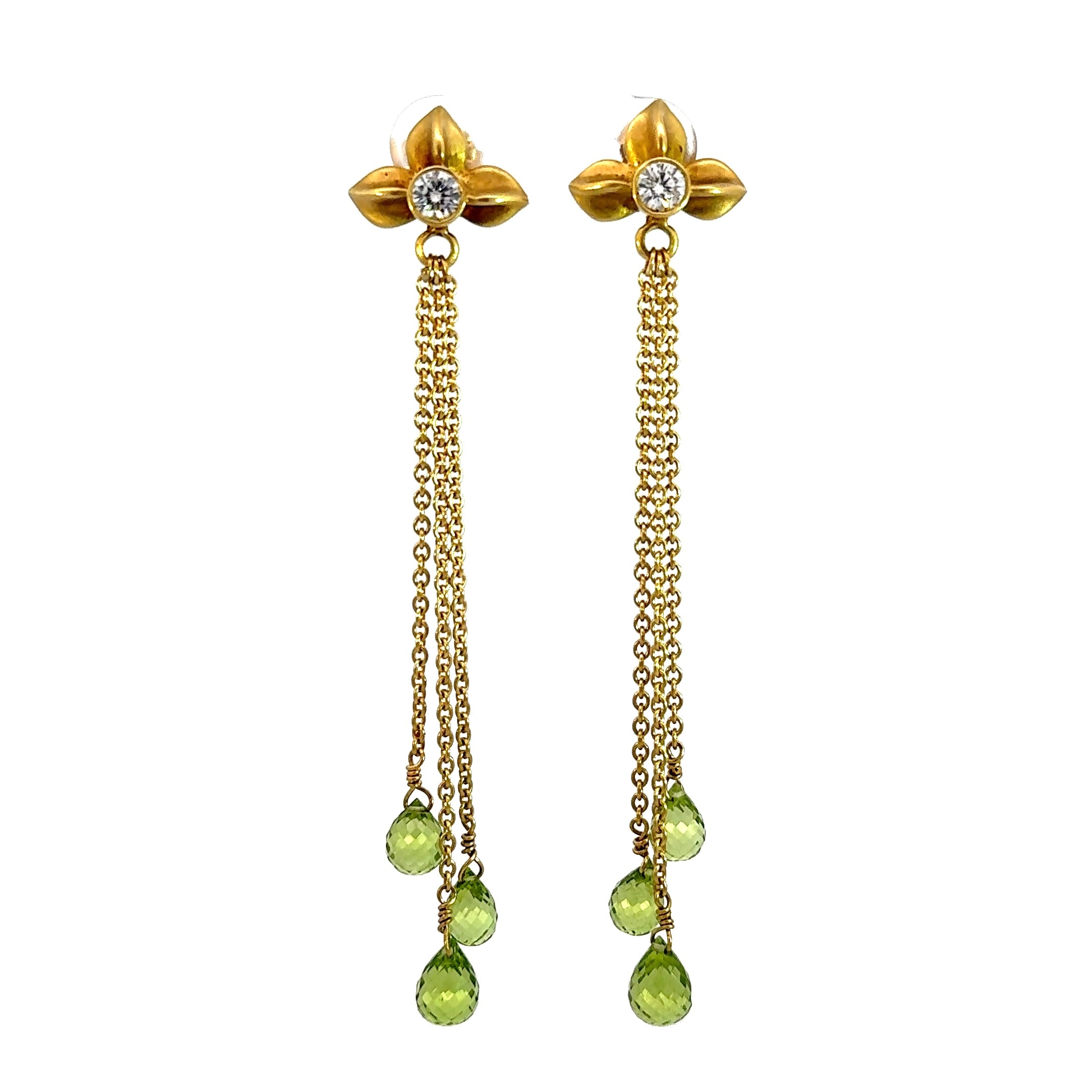Vintage Peridot and Diamond Dangle Earrings in 14K Yellow Gold