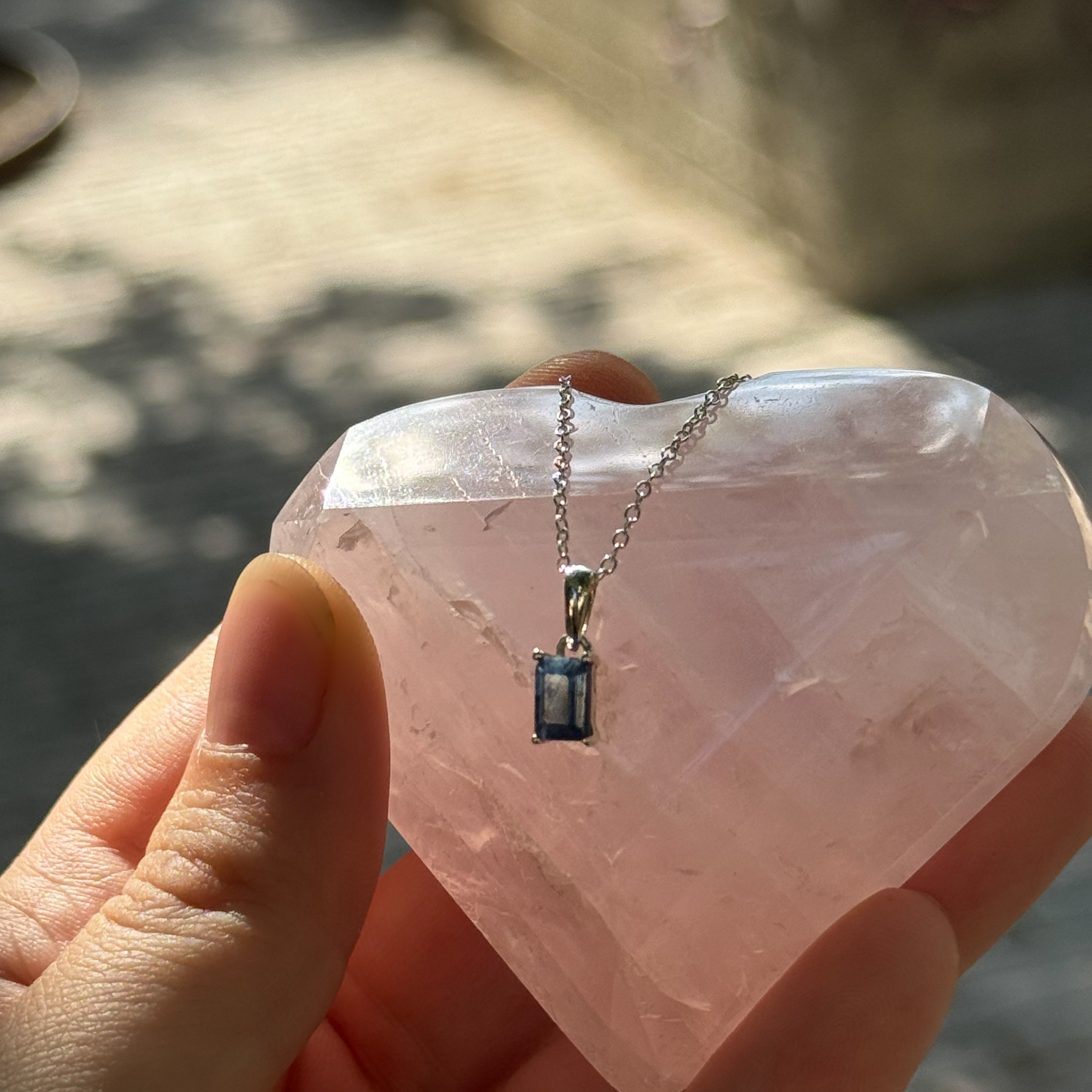 Emerald Cut Blue Sapphire Necklace in Sterling Silver