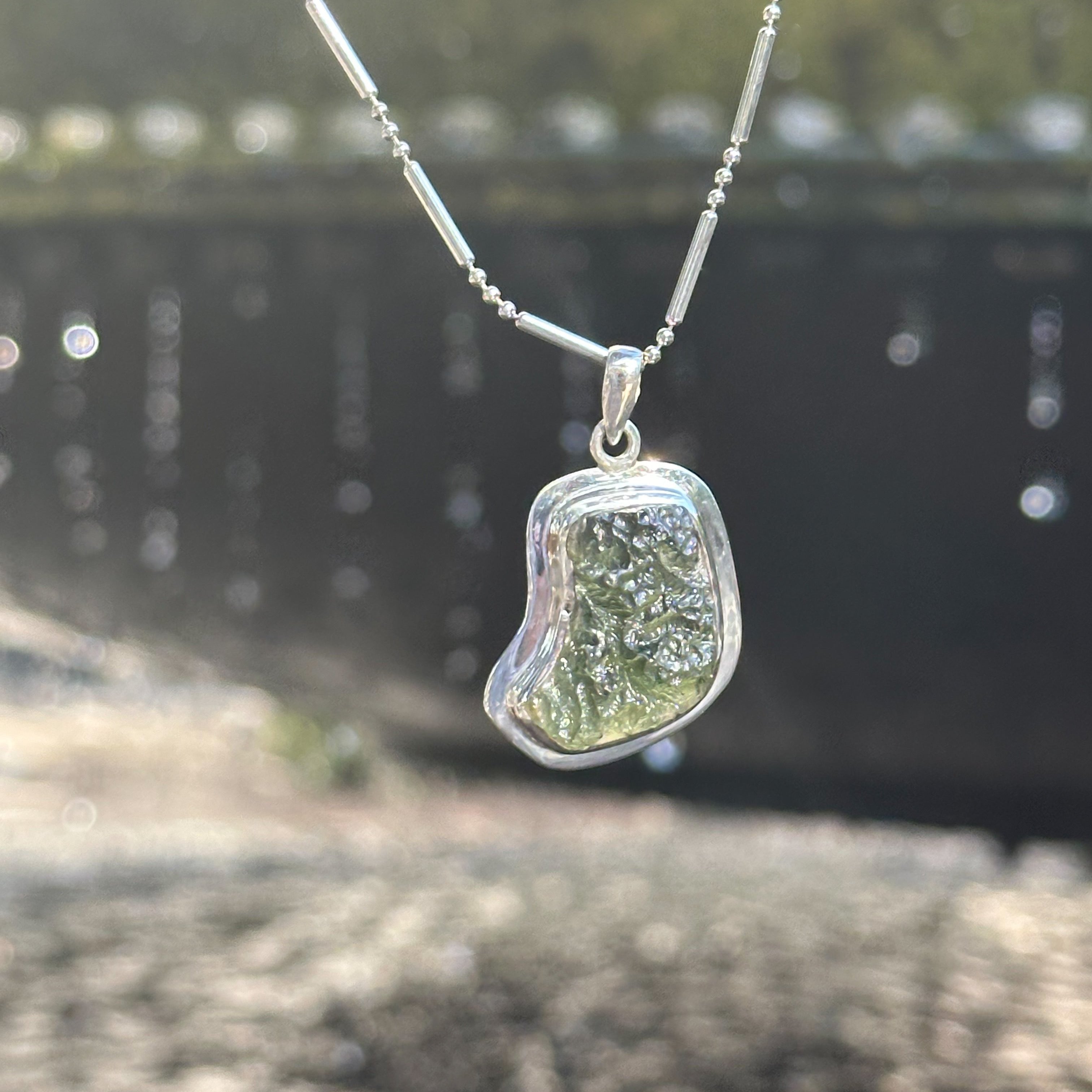 Freeform Moldavite Necklace in Sterling Silver