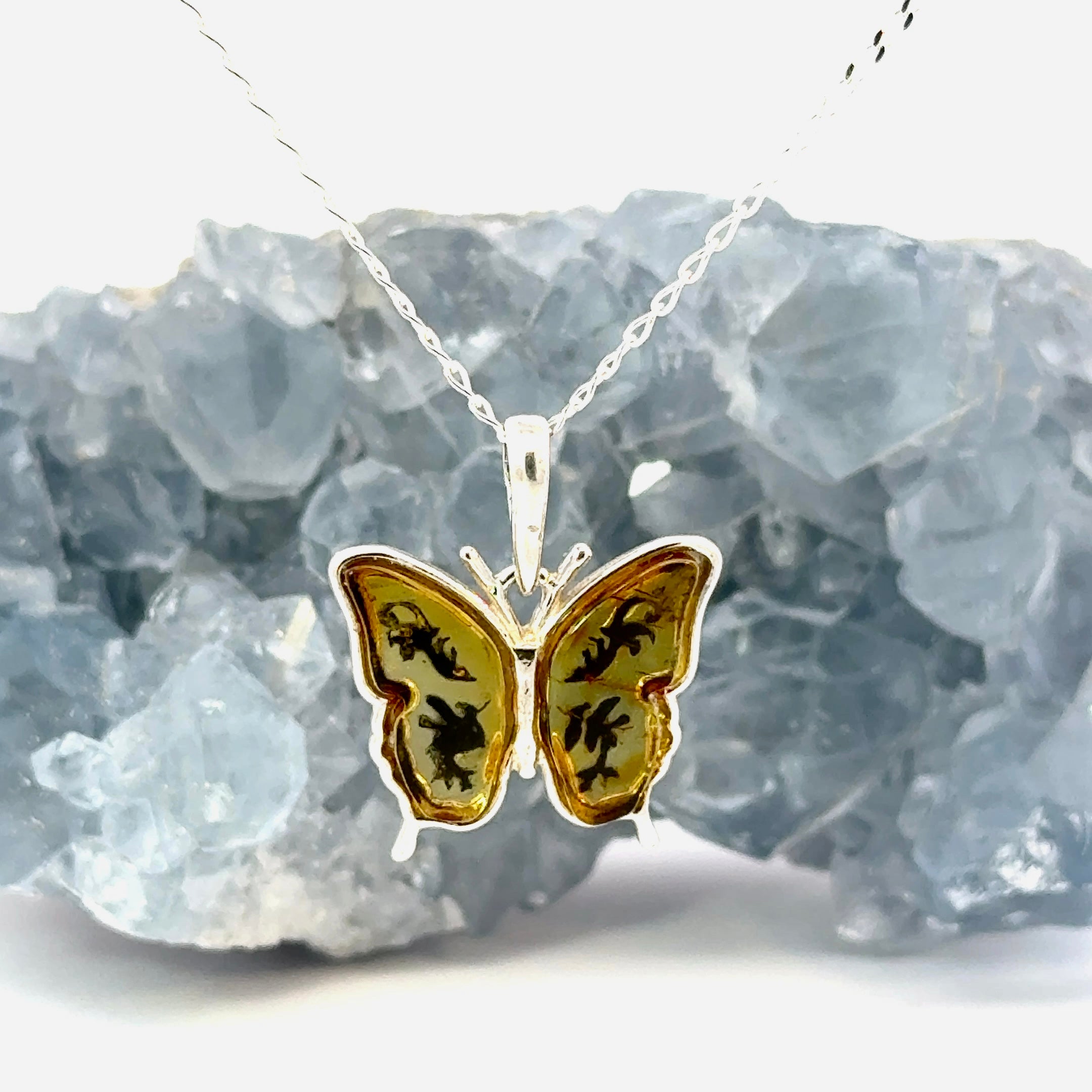 Amber Butterfly Necklace in Sterling Silver