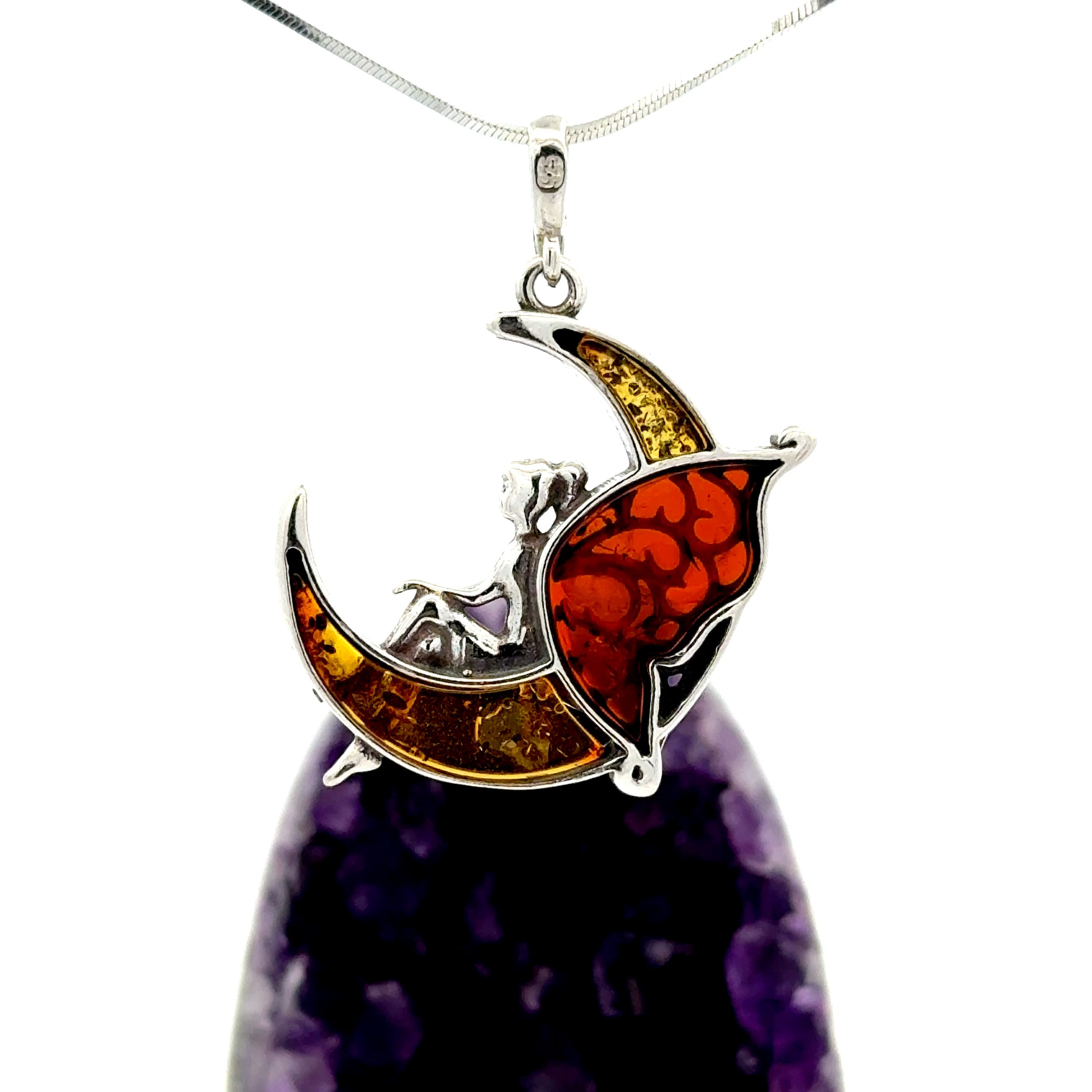 Amber Fairy Moon Sterling Silver Necklace