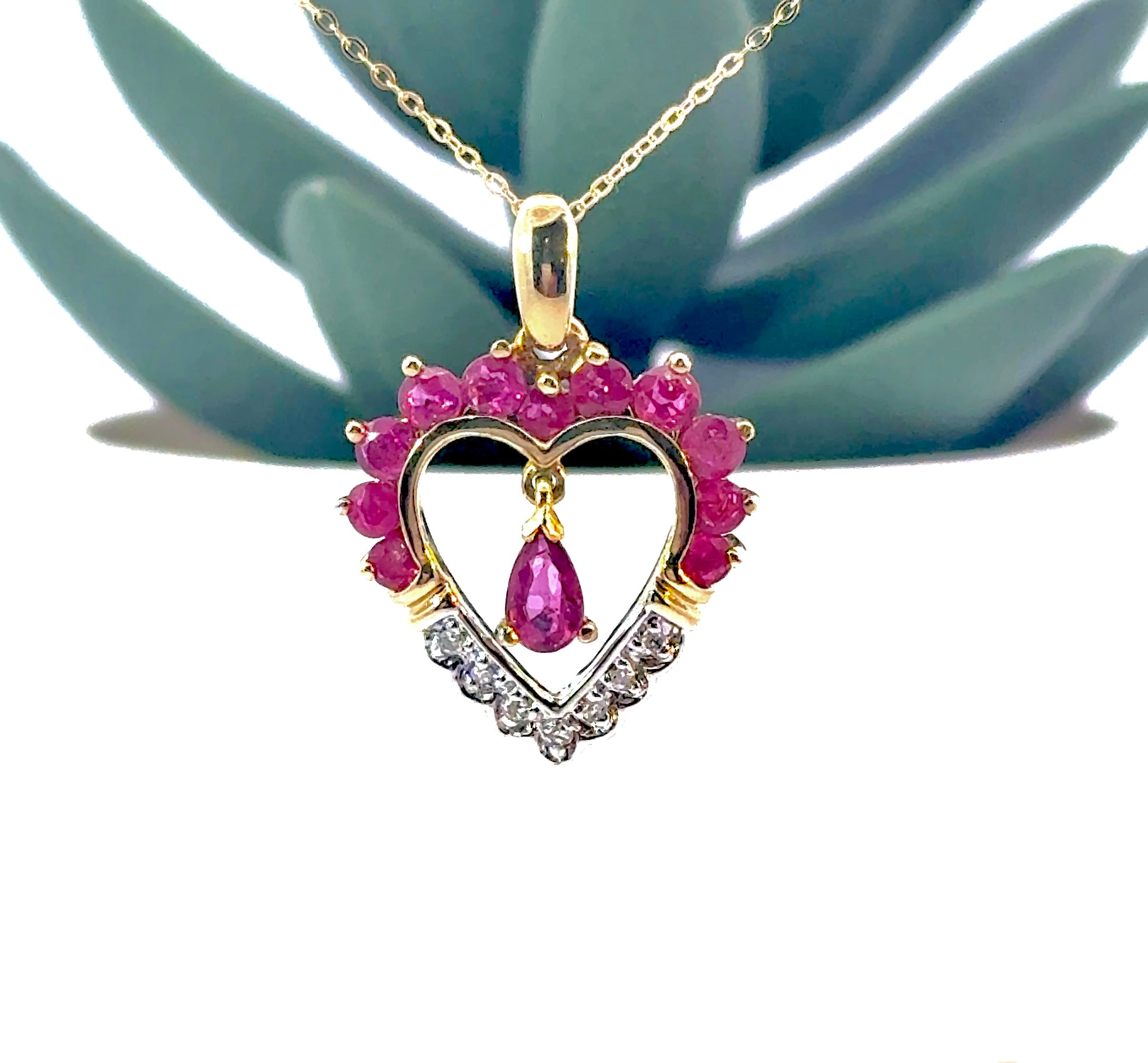 Vintage Pear Cut Ruby and Diamond Heart Necklace in 14K Gold