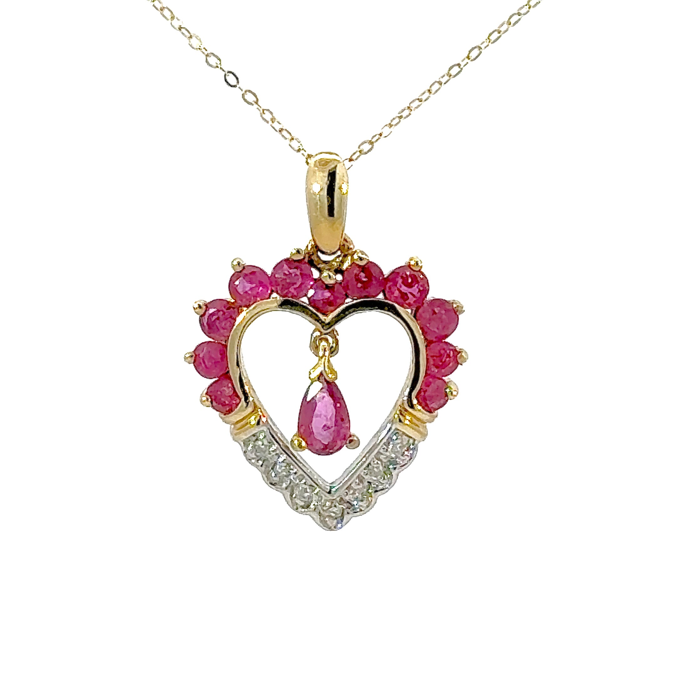 Vintage Pear Cut Ruby and Diamond Heart Necklace in 14K Gold