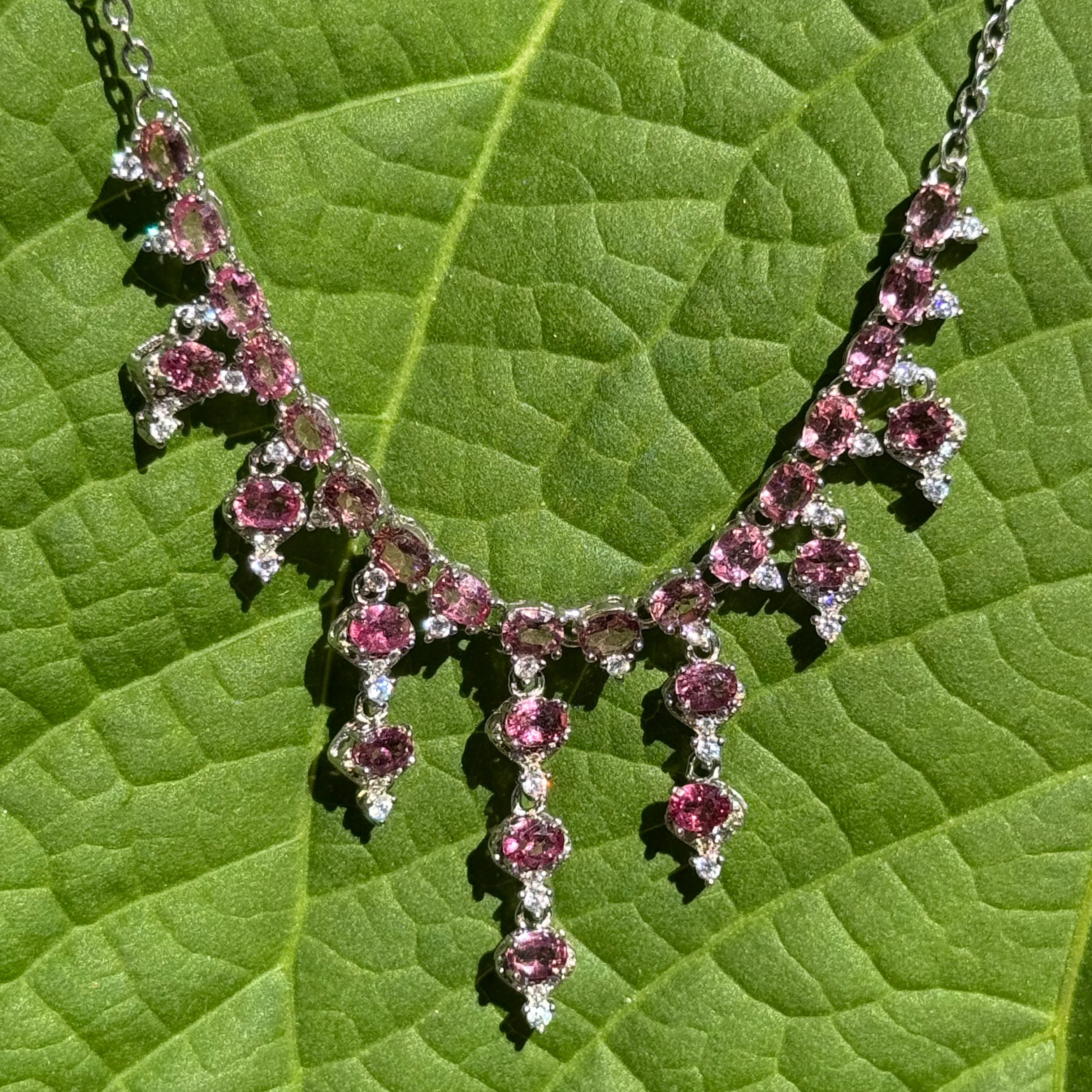 Oval Cut Pink Tourmaline and CZ Tiered Necklace in Sterling Silver