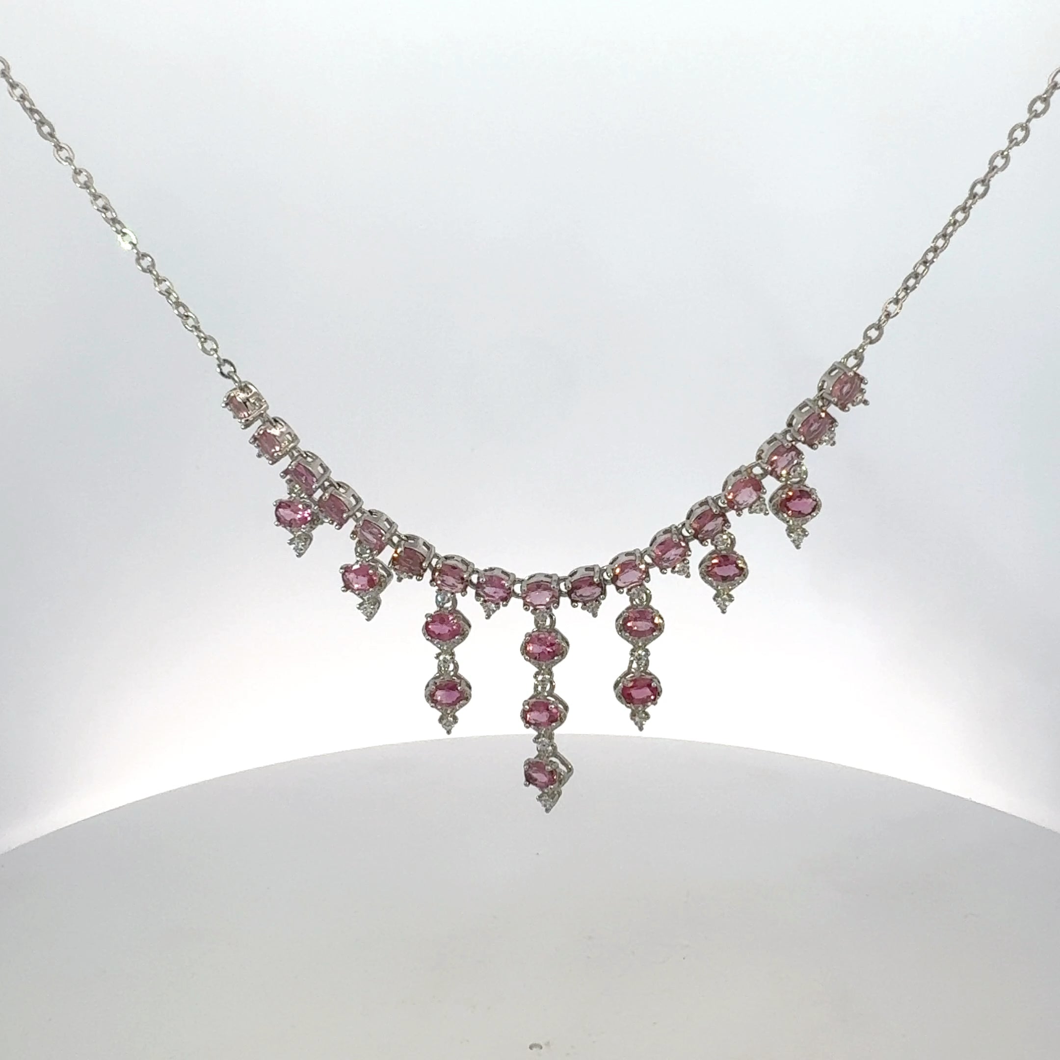 Oval Cut Pink Tourmaline and CZ Tiered Necklace in Sterling Silver