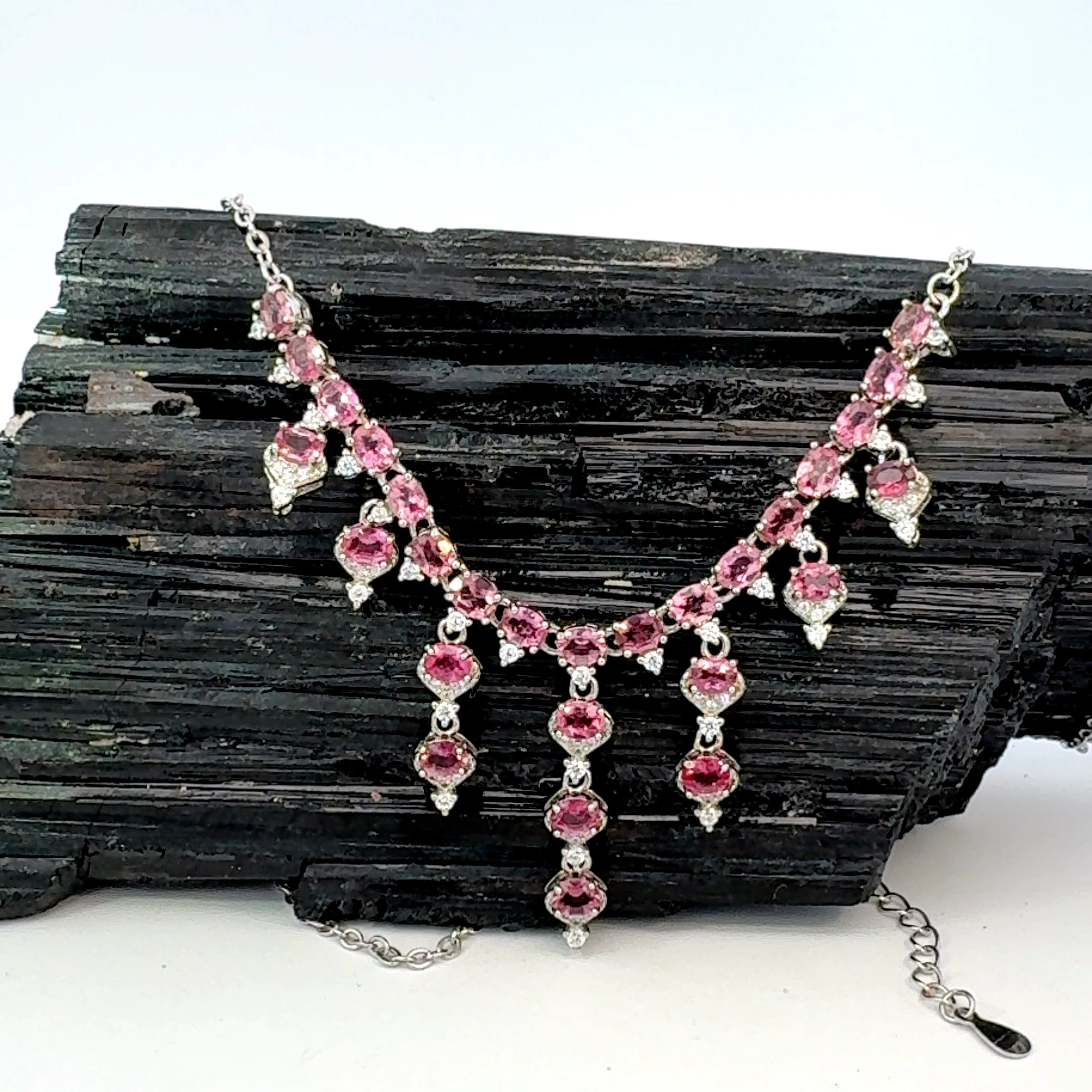 Oval Cut Pink Tourmaline and CZ Tiered Necklace in Sterling Silver