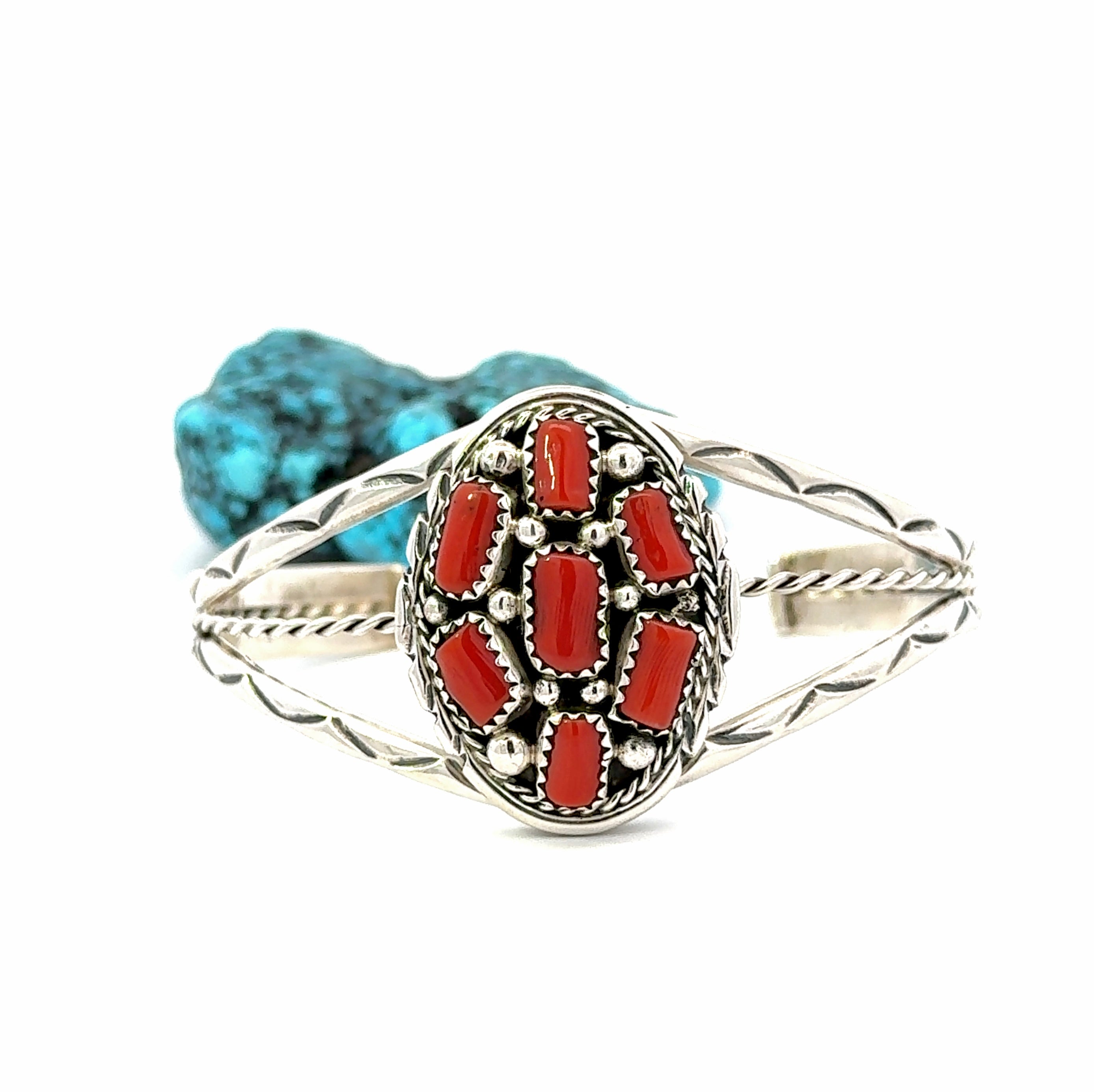 Red Coral Cluster Cuff Bracelet in Sterling Silver