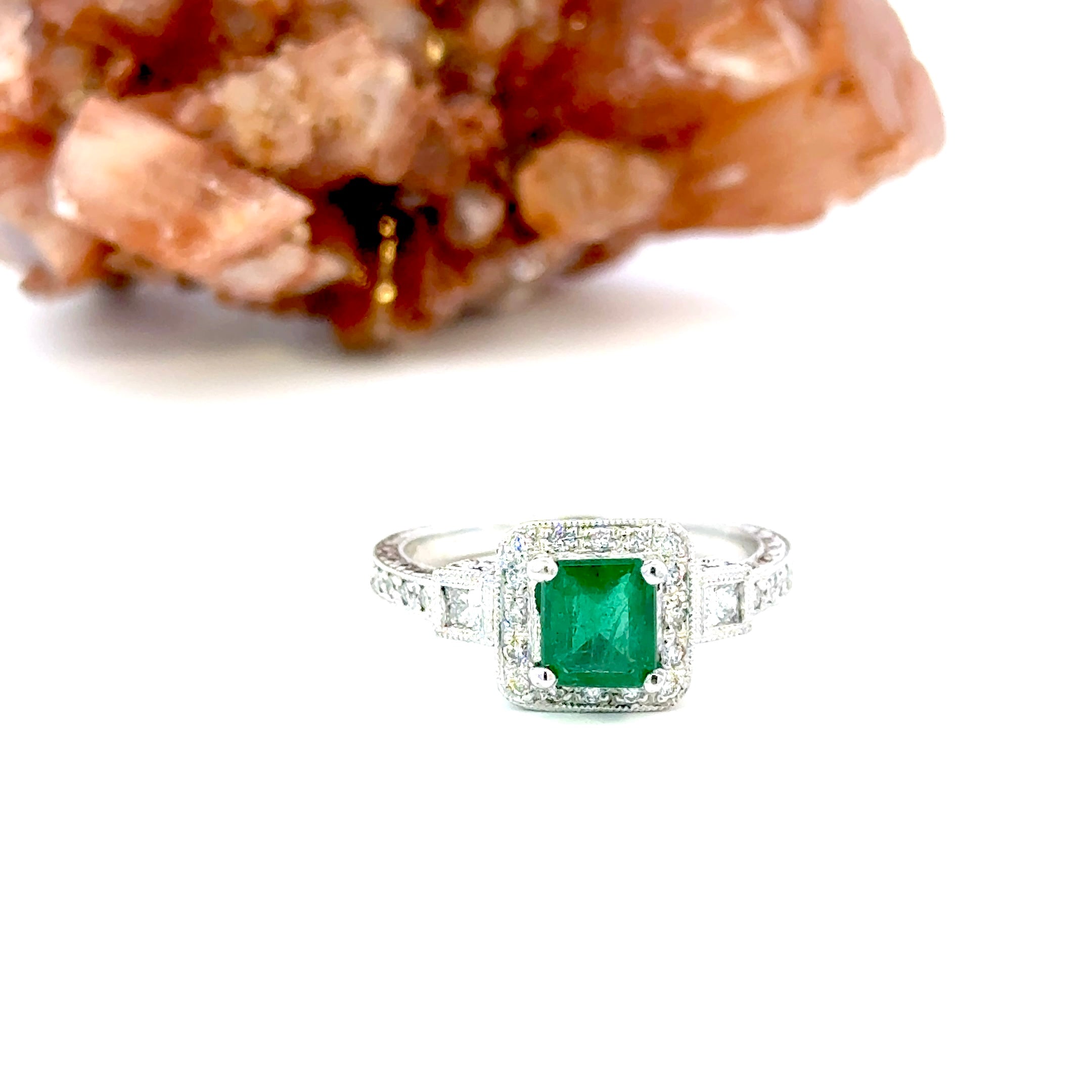 Art Deco Inspired Emerald and Diamond Ring in Platinum, Mid Century