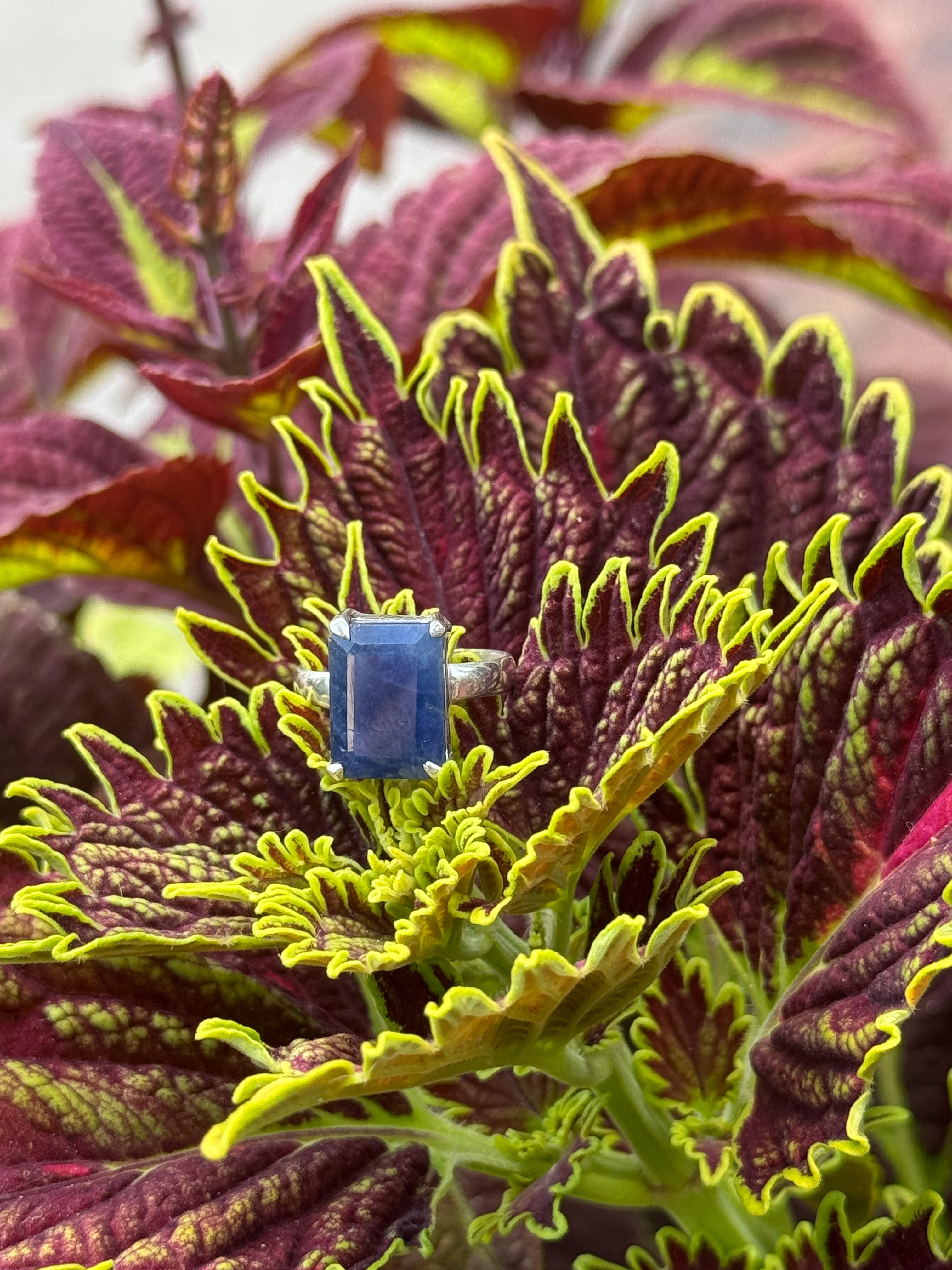 Emerald Cut Blue Sapphire Ring in Sterling Silver