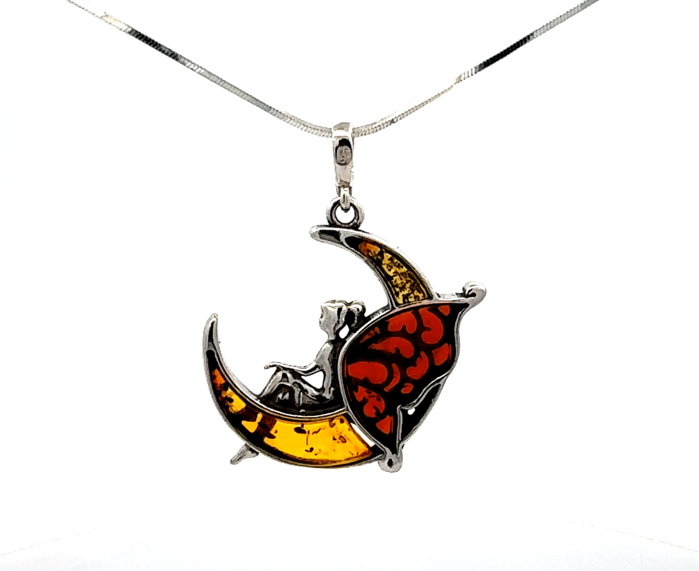 Amber Fairy Moon Sterling Silver Necklace