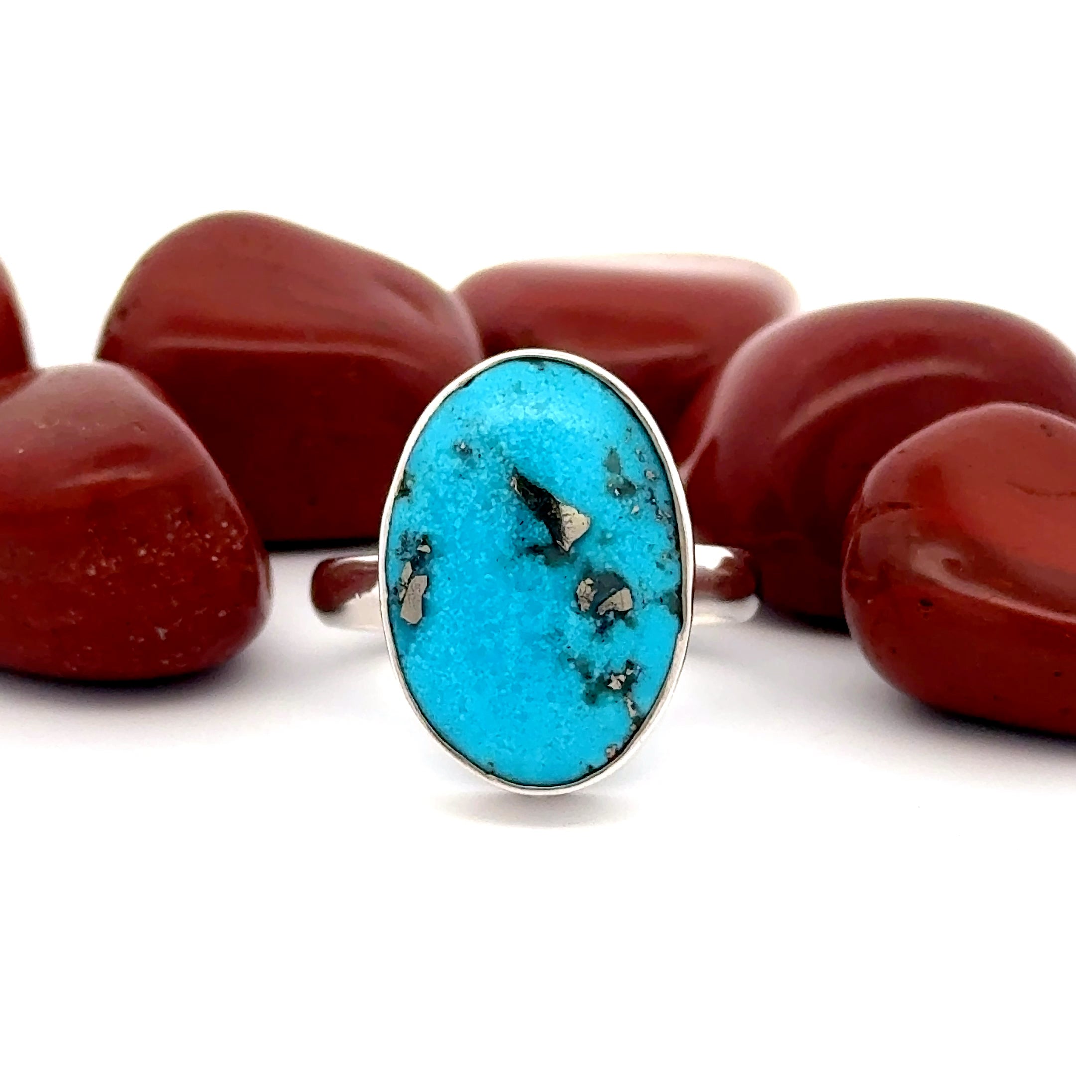 Polished Oval cut Natural Turquoise Ring set in Sterling Silver