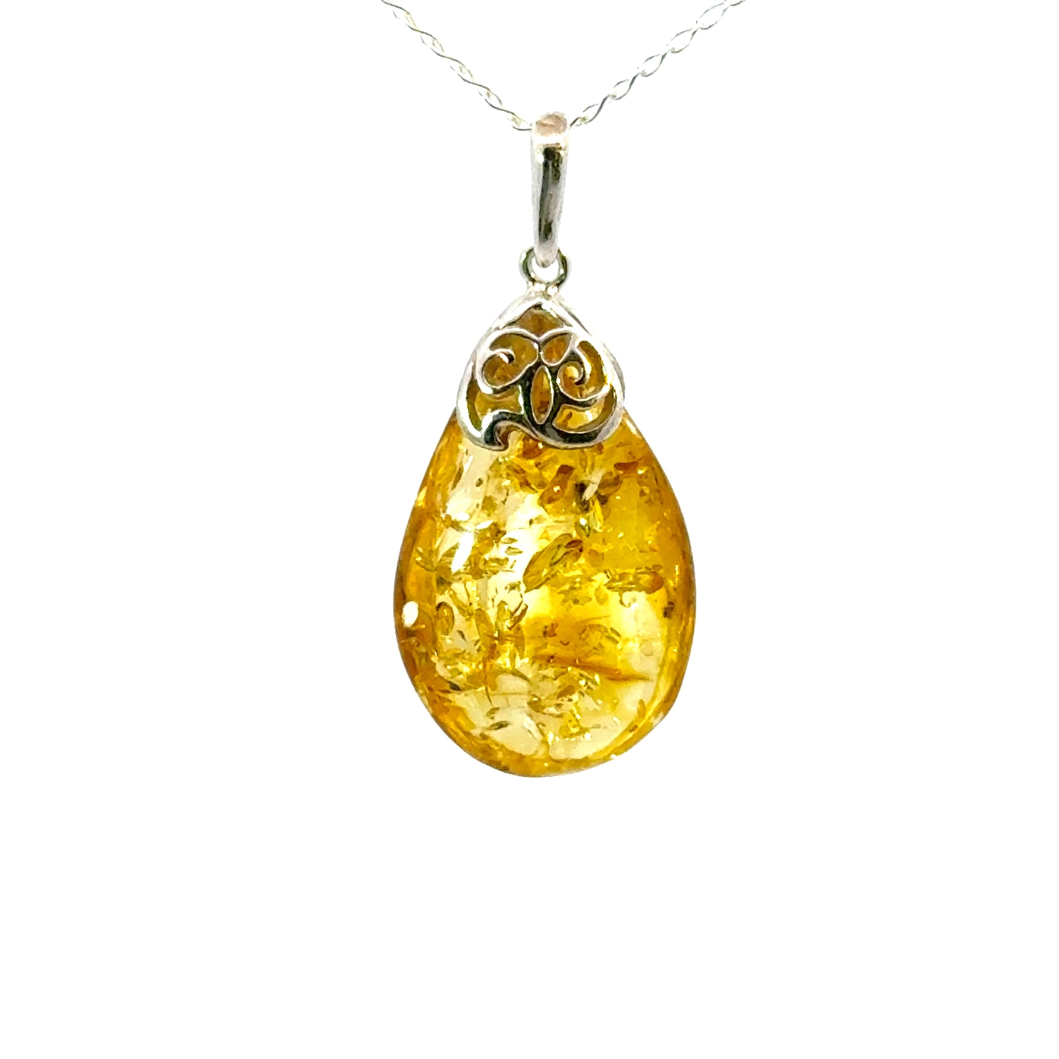 Pear Cut Amber Necklace in Sterling Silver