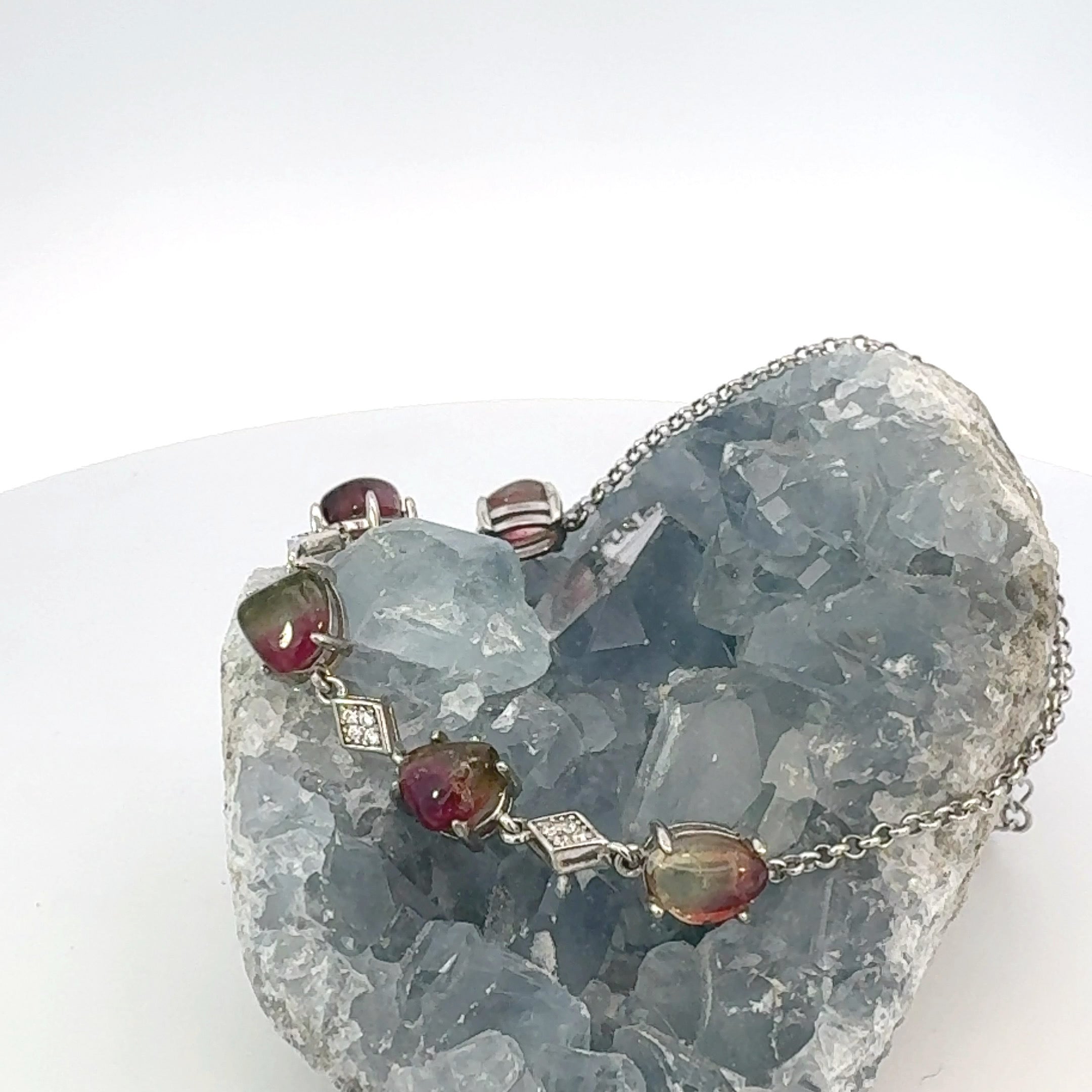 Freeform Watermelon Tourmaline and CZ Bracelet in Sterling Silver