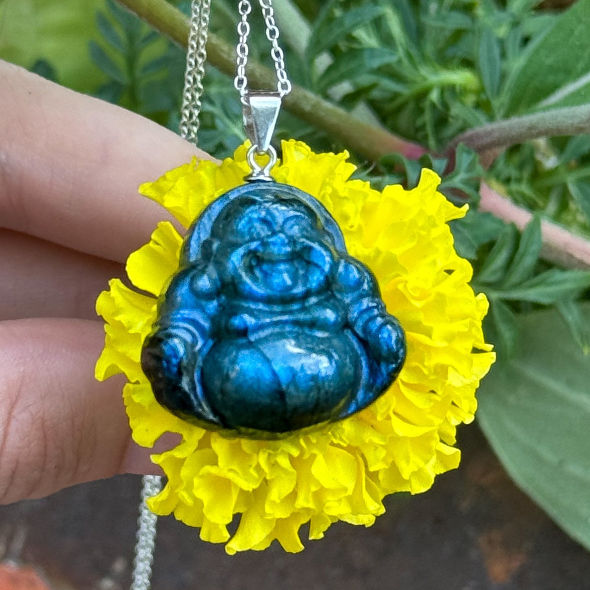 Carved Buddha Labradorite Pendant Necklace in Sterling Silver