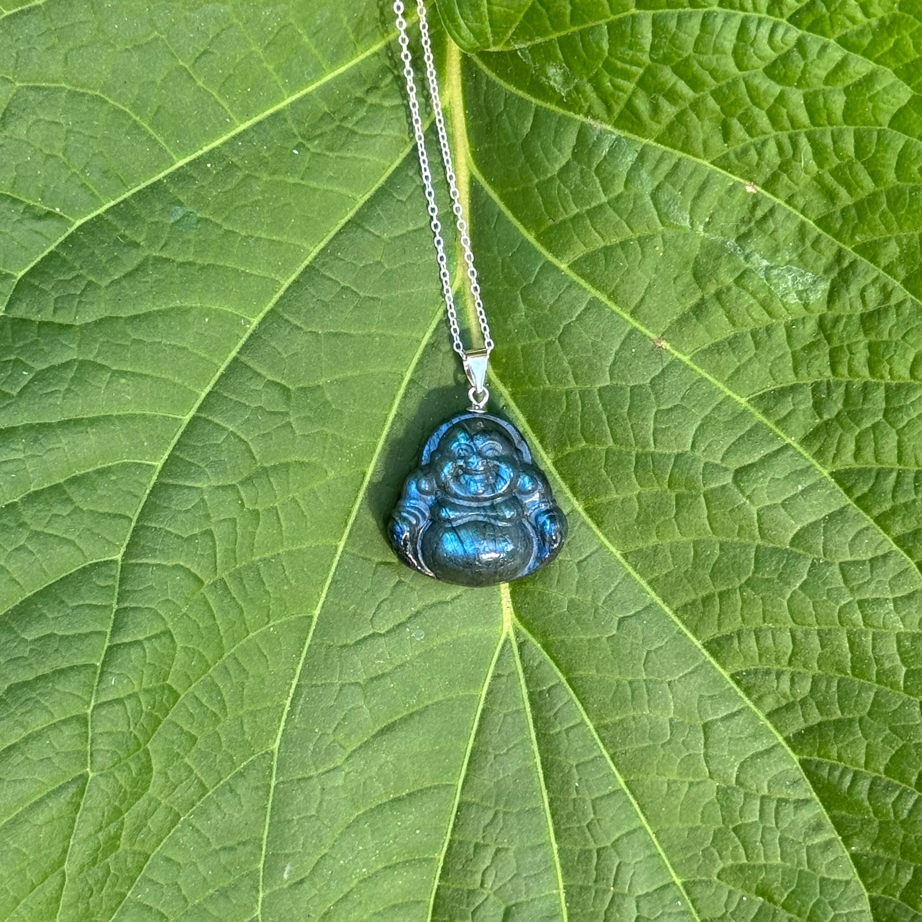 Carved Buddha Labradorite Pendant Necklace in Sterling Silver