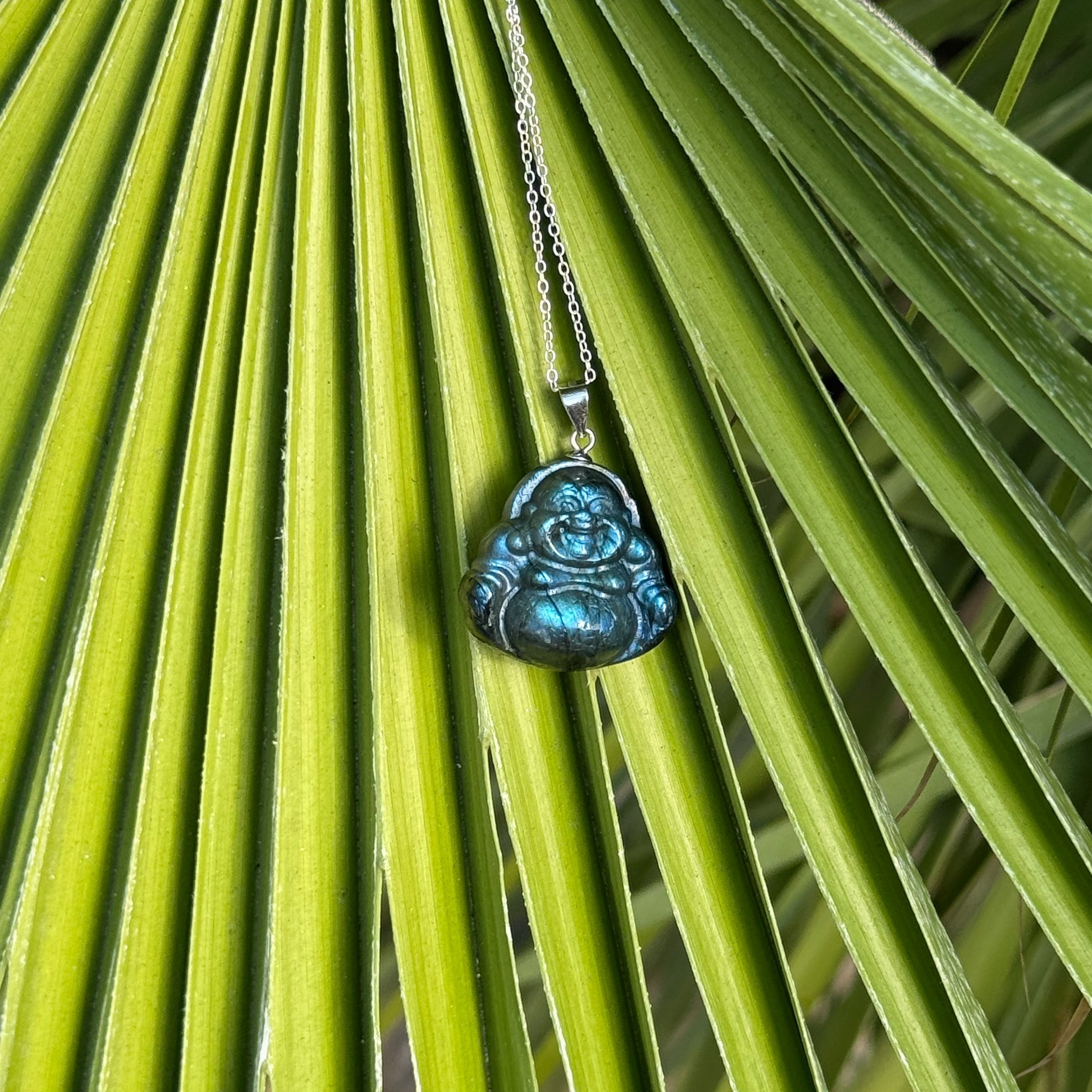 Carved Buddha Labradorite Pendant Necklace in Sterling Silver