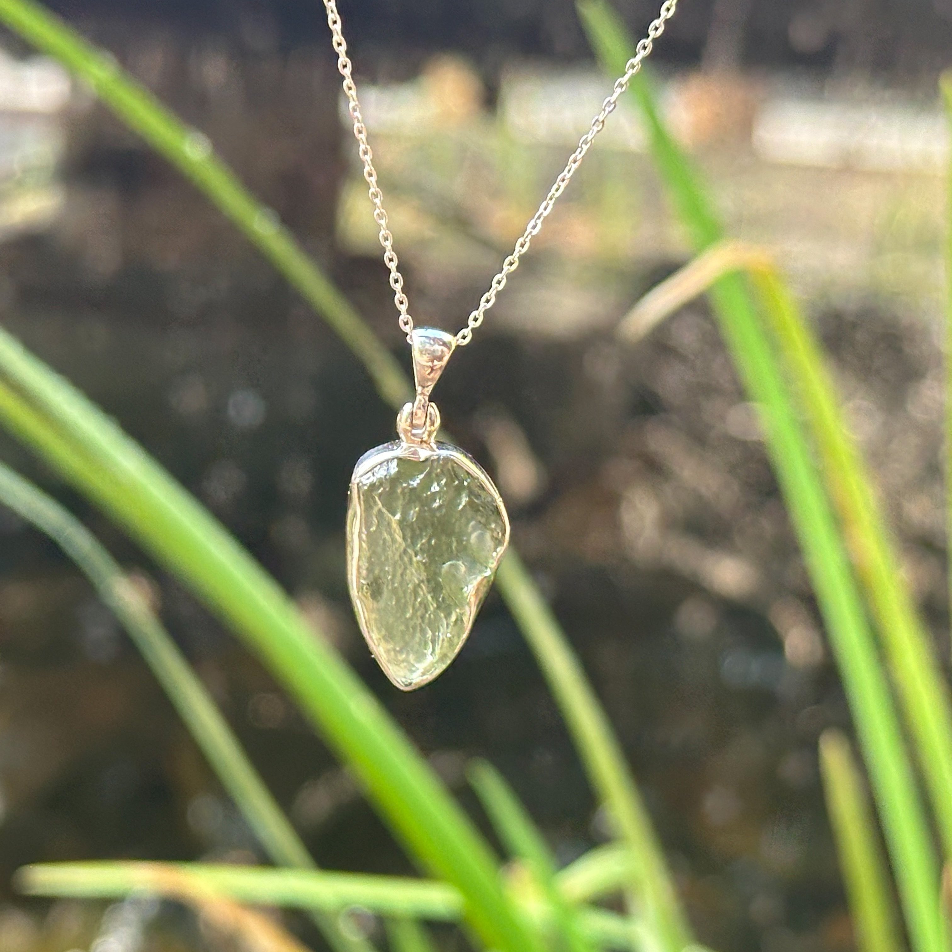 Freeform Moldavite Necklace in Sterling Silver