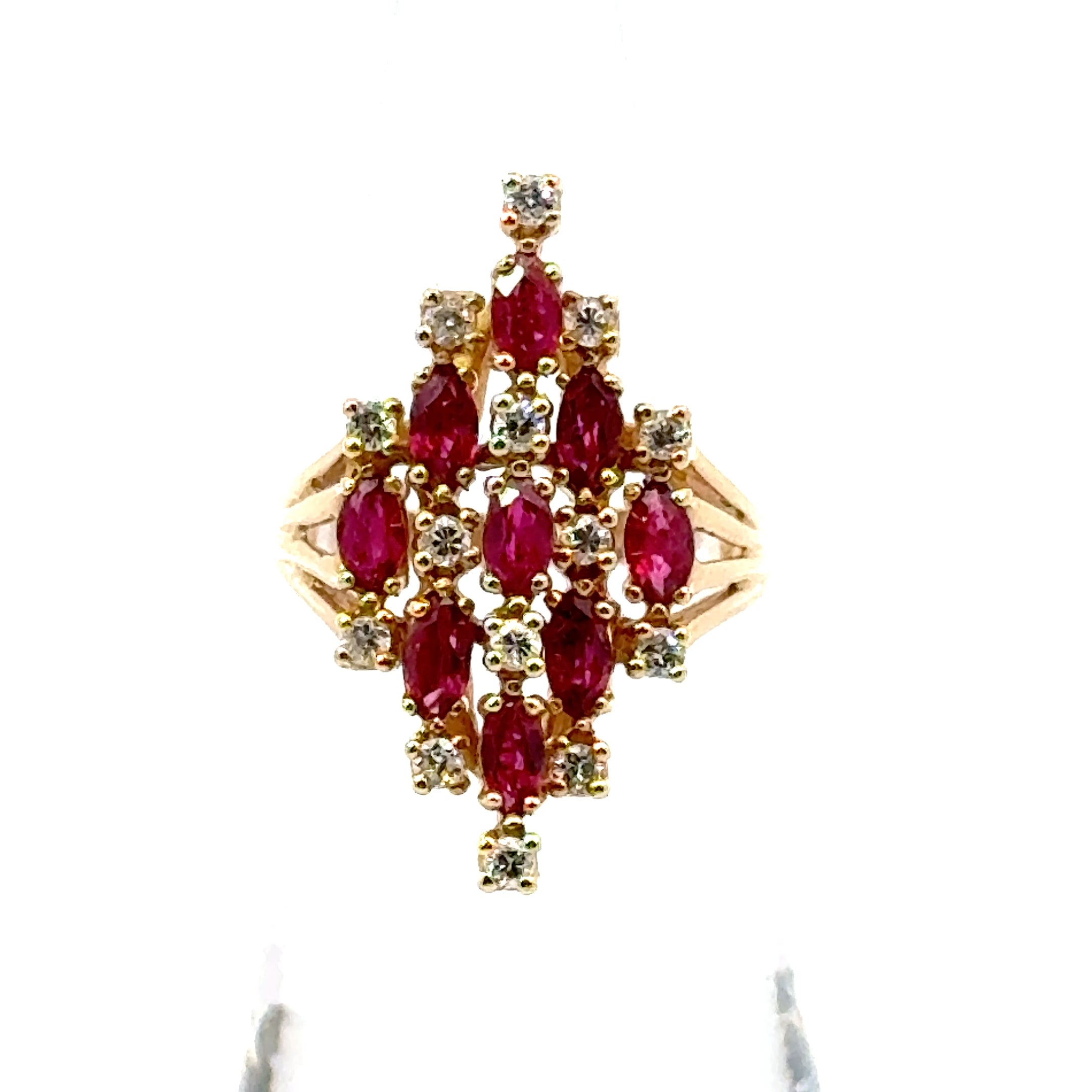 Vintage Elongated Oval Cut Ruby and Diamond Ring in 14k Gold