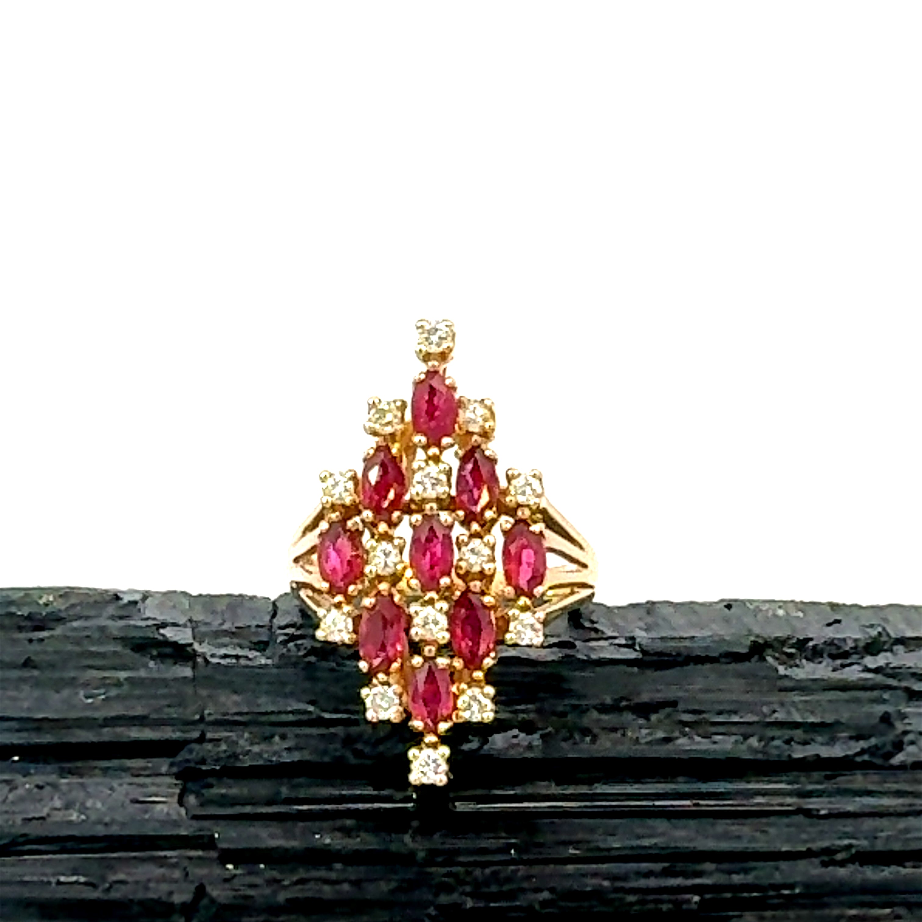 Vintage Elongated Oval Cut Ruby and Diamond Ring in 14k Gold