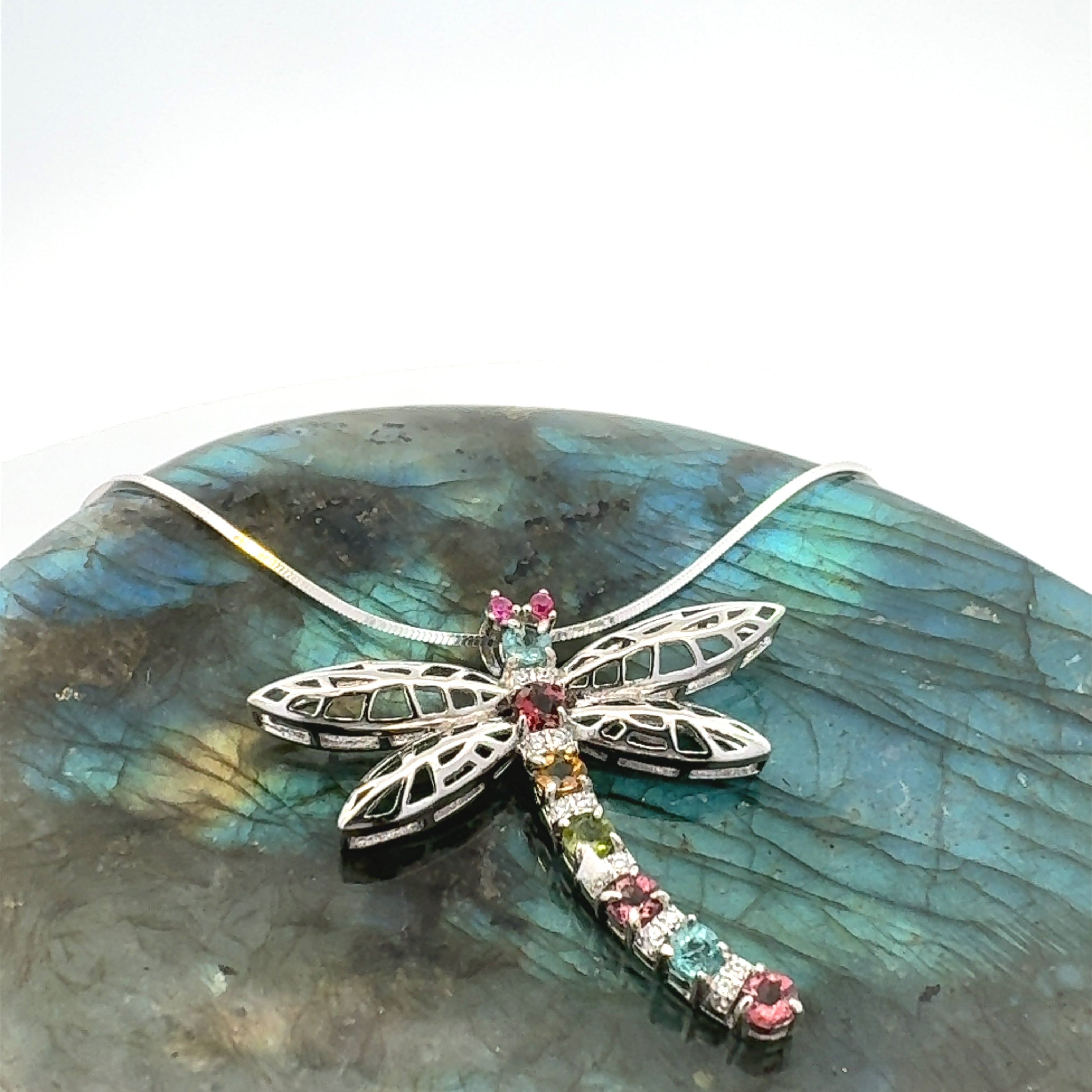 Tourmaline and CZ Dragonfly Necklace in Sterling Silver