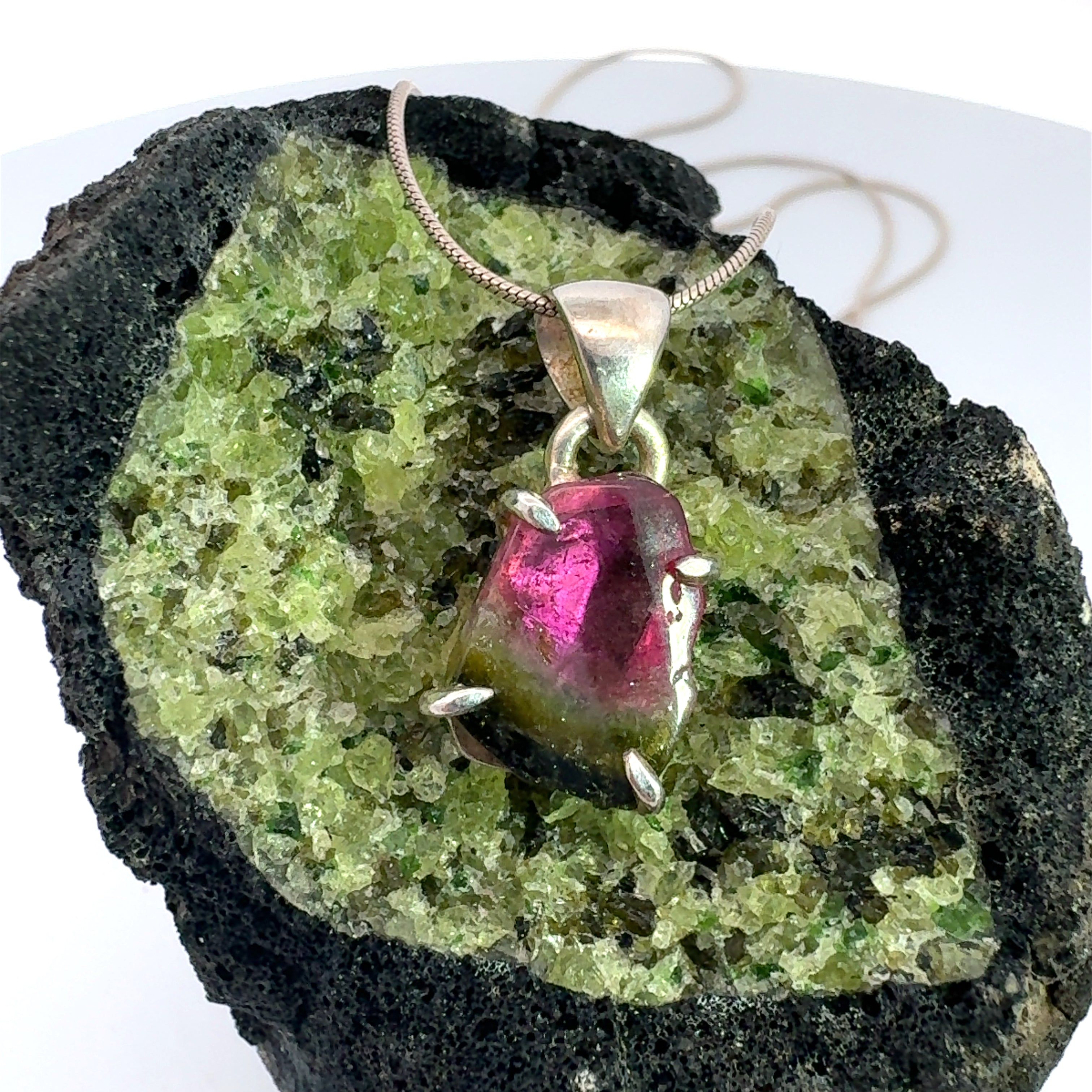 Freeform Watermelon Tourmaline Necklace in Sterling Silver