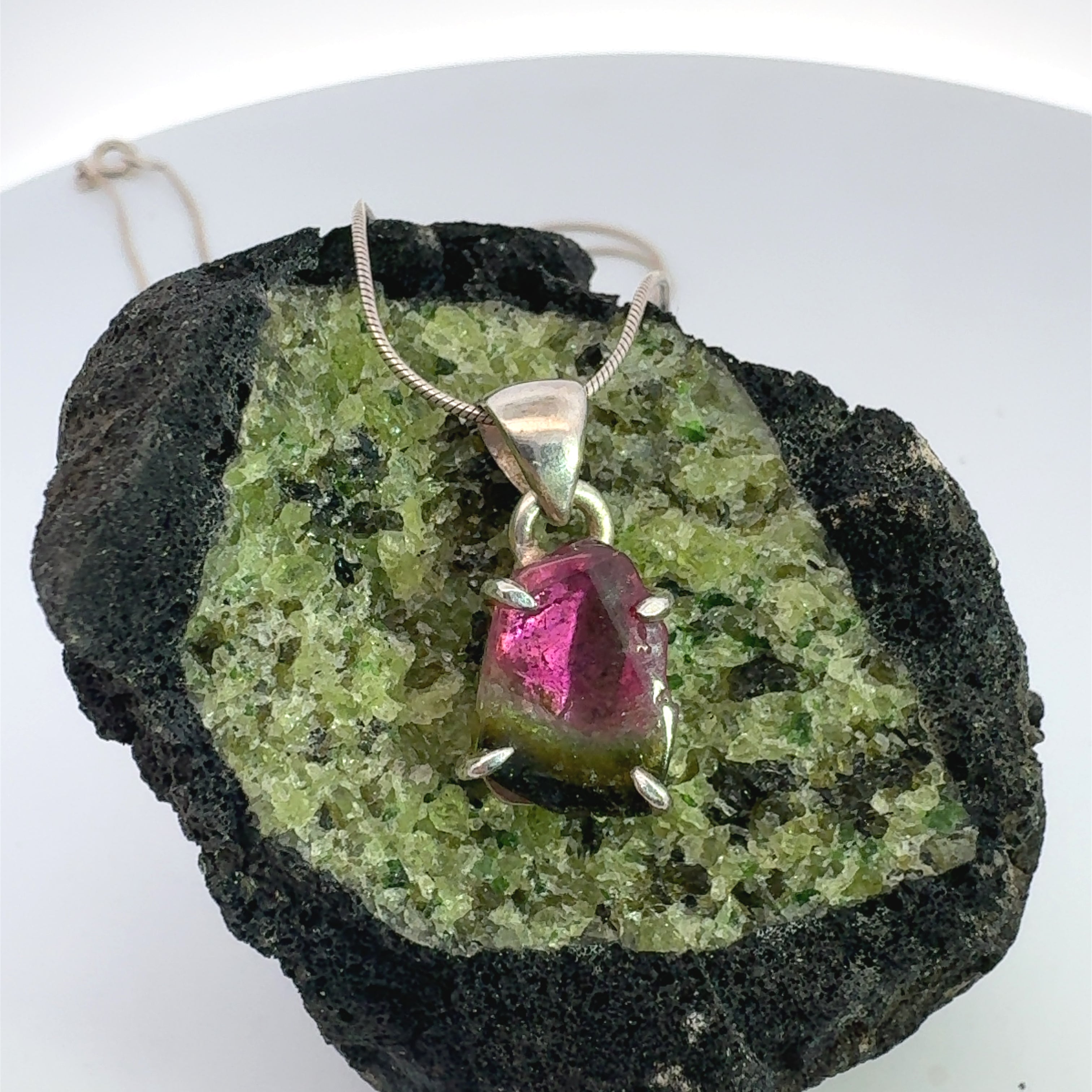 Freeform Watermelon Tourmaline Necklace in Sterling Silver